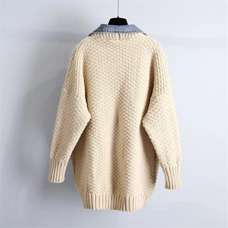 Denim Spliced Knitted Sweater Jacket Women 2021 Autumn Winter Cardigan Knit Coat Big Pocket Fashion Lapel Loose Sweaters Female