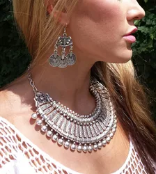 Vintage Silvery Beach Coins Choker Necklace Drop Earrings Set for Women Gypsy Tribal Afghan Pakistan Ethnic Dress Indian Jewelry