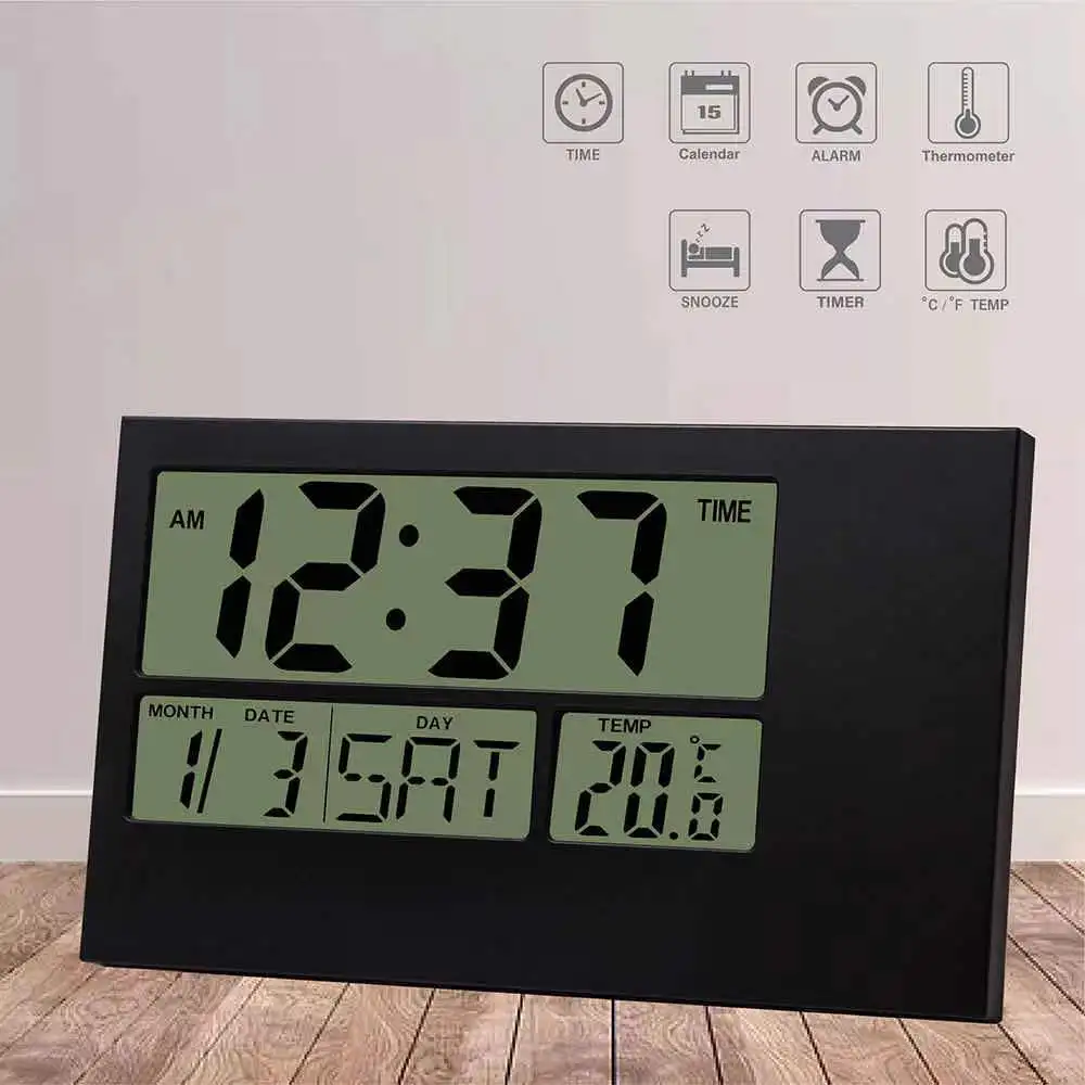 Digital Wall Clock LCD Home Decoration Large LCD Display  Calendar with Date and Day& Temperature Snooze Alarm Battery Powered