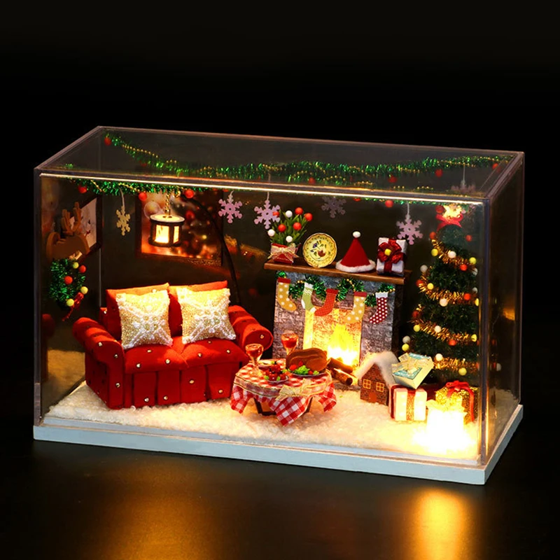 

DIY Wooden Dollhouse Miniature Furniture With LED Light Kit Christmas Cottage Doll Houses Assemble Toy for Children Gifts Casa