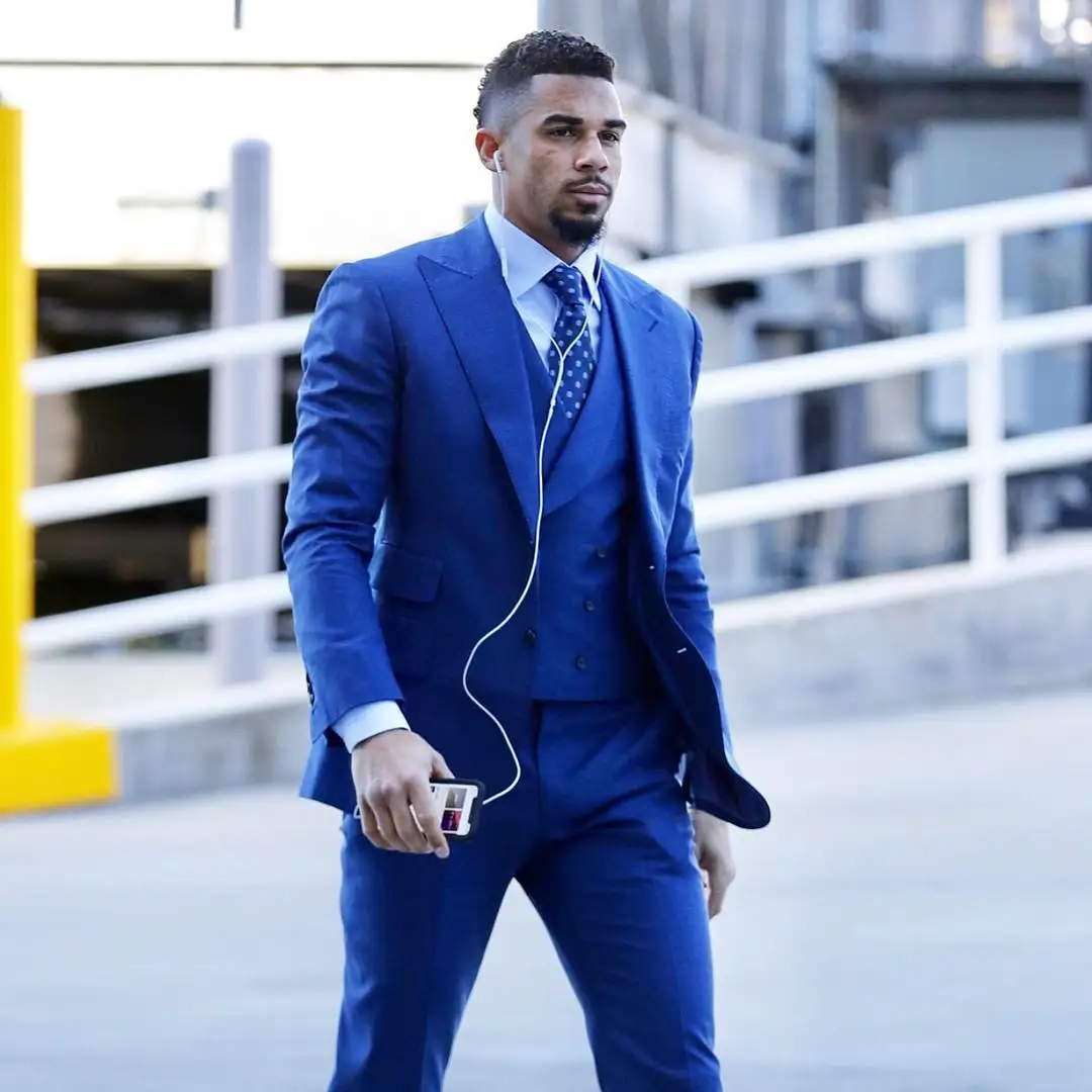 

Blue Three Pieces Men's Suit Peaked Lapel Wedding Blazers Male Tuxedos Double Breasted Groom Wear Prom Jackets Vest And Pants