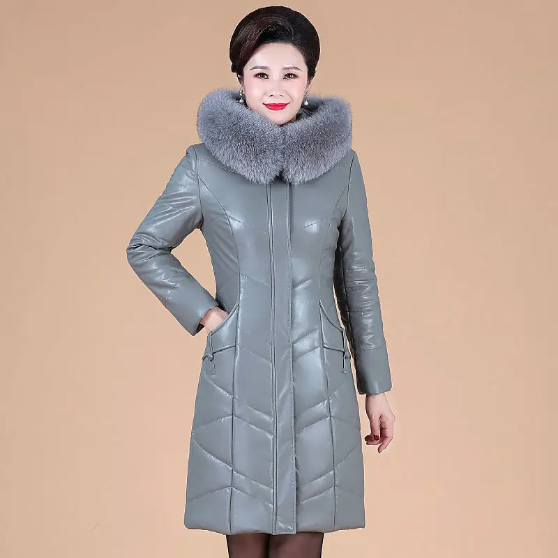 2022 New Winter Pu leather Parka Women Down Cotton Jacket Fur Collar Coat Female Thicken Warm Mid Long OuterwearR1674[blackl]