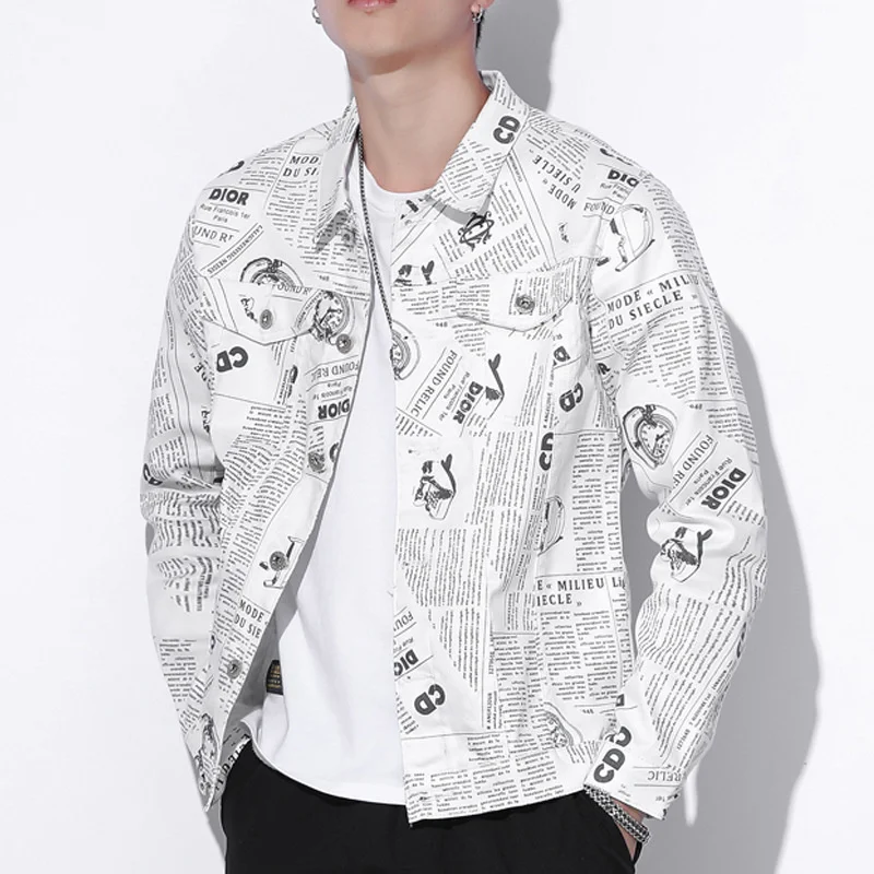 Spring New Fashion Loose Personality Men's Denim Jacket Small Fresh Letters Printing Slim White Soft All-match Long-Sleeved