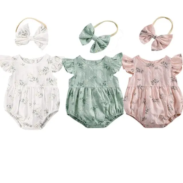 New Summer Baby Floral Rompers Headband Floral Print Round Collar Fly Sleeve Bodysuits Hair Band Baby Flower Jumpsuits Sunsuits