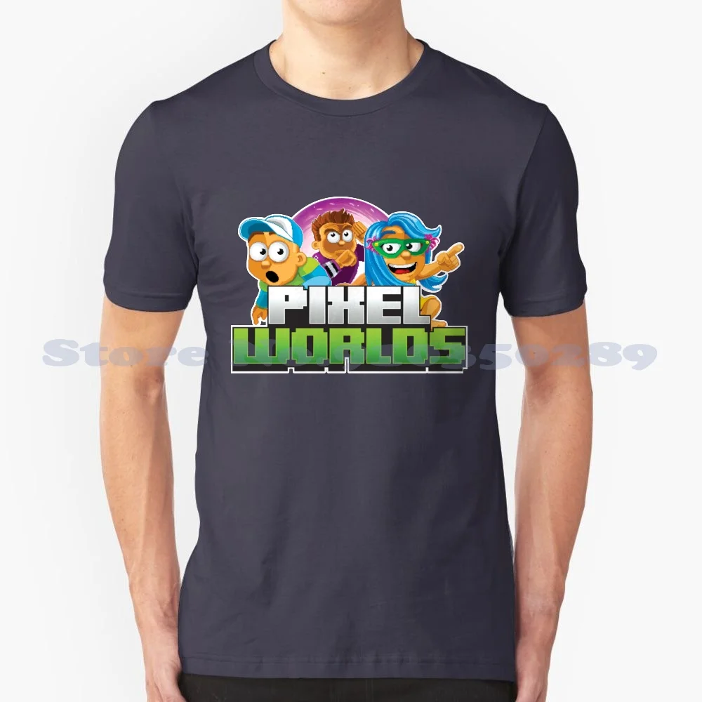 Pixel Worlds Logo With Characters 100% Cotton T-Shirt Games Phone Mmo Pixel Art Pixel Worlds Pixelian Sandbox Club Penguin