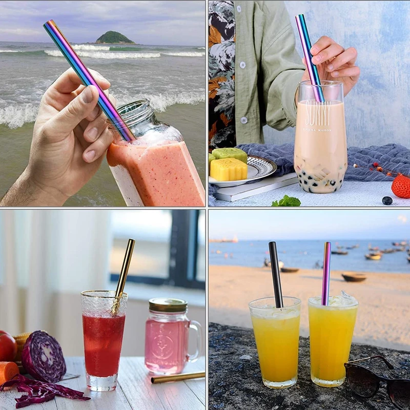 12x215mm Metal Straw 304 Stainless Steel Straws 8.5\'\' Reusable Drinking Straws for Bubble Tea Boba Smoothies Milkshakes