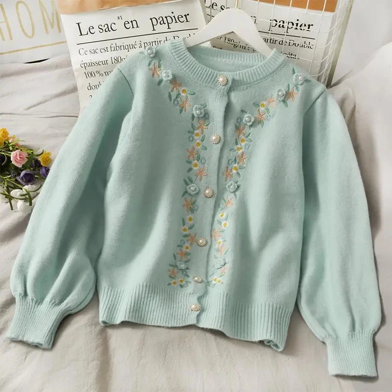 2021 Autumn Winter Sweet Flower Embroidery  Knitted Cardigans Korean Elegance Chic Pearl Buttons O-neck Long Sleeve Warm Sweater