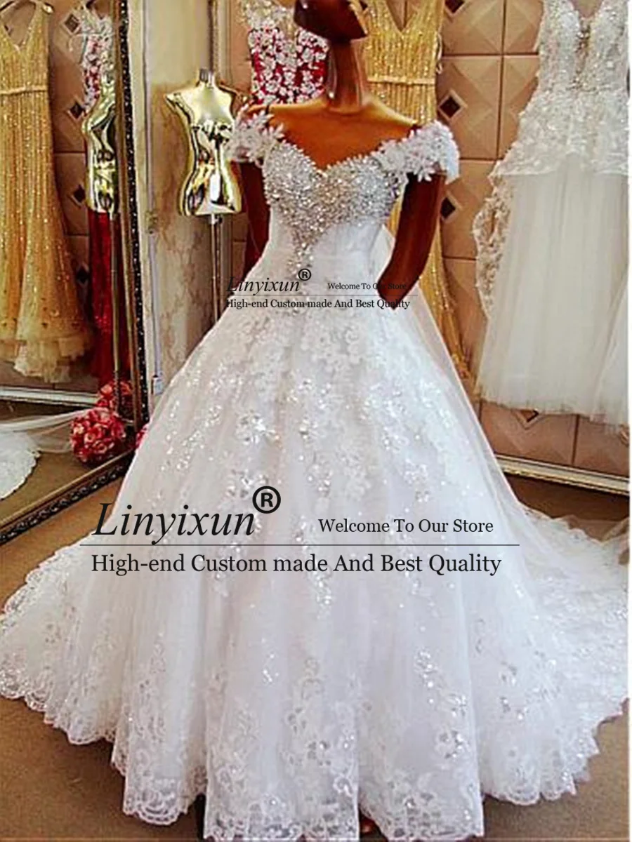 Amazing Tulle Off Shoulder V-Neck Wedding Dresses 2021 Court Train Ball Gown Custom Make Vestidos De Novia With Lace Appliques