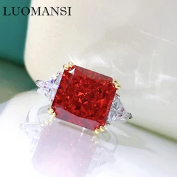 Luomansi 10*10MM Red High Carbon Diamond Female Ring S925 Silver Jewelry Woman Anniversary Party Birthday Gift