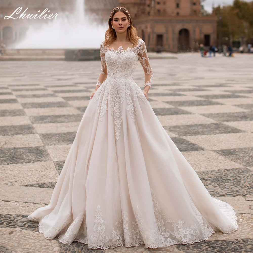 Lhuilier A-line Scoop Neck Pearls Beaded Wedding Dresses Lace Appliques Long Sleeves Floor Length Bridal Dress with Chapel Train