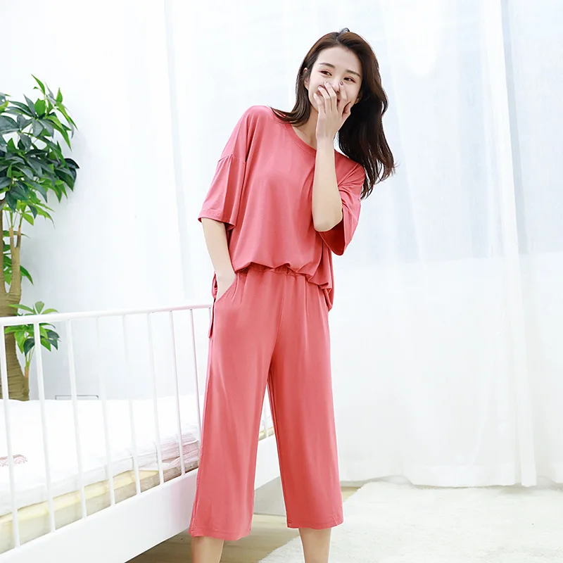 Summer female modal cotton pajamas suit short-sleeve shorts loose large size pajamas wide-leg pants home service women\'s pajamas