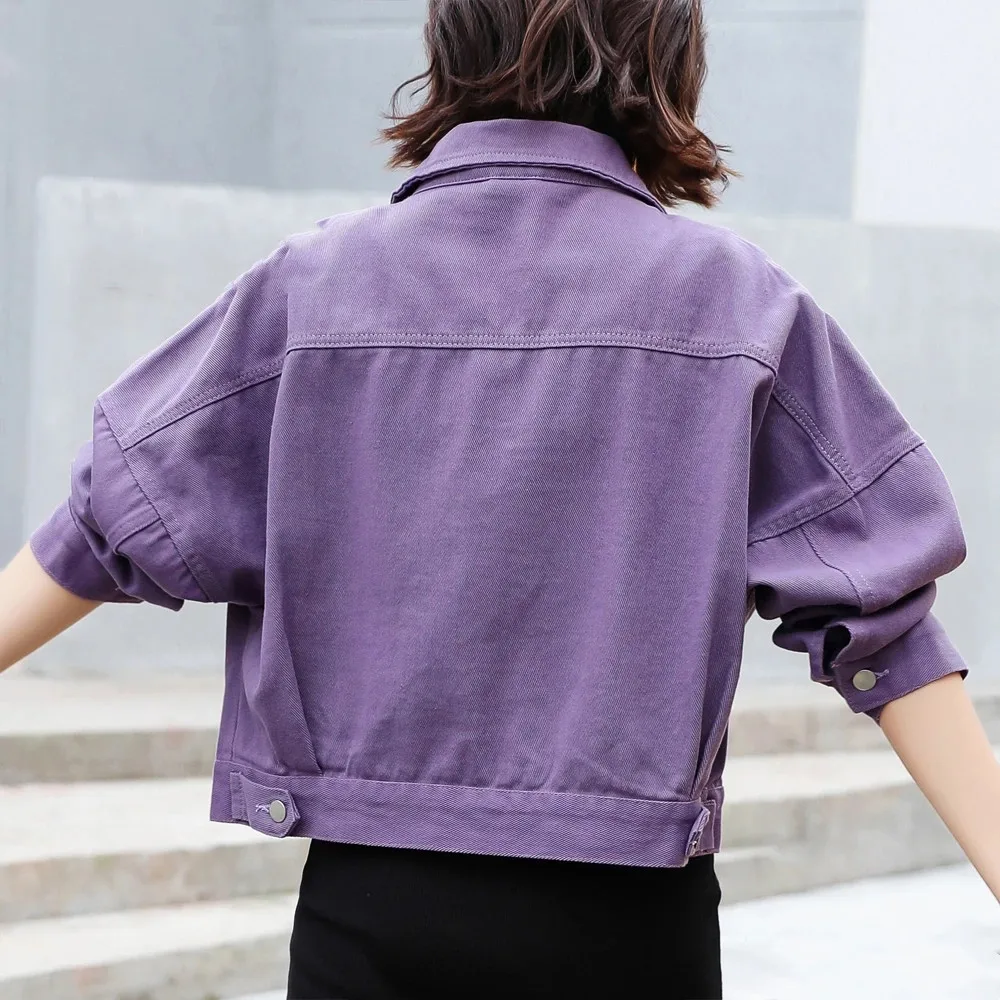 Women Jean Jacket Denim Coat Outerwear Big Pockets Lady Jeans Jackets Female Purple Basic Casual Ladies Autumn Outer Coats