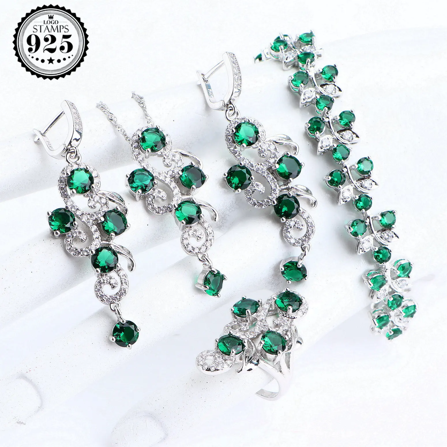 Wedding Luxury 925 Silver Bridal Jewelry Sets For Women Costume Jewelry Green CZ Bracelet Ring Earrings Necklace Pendants Set