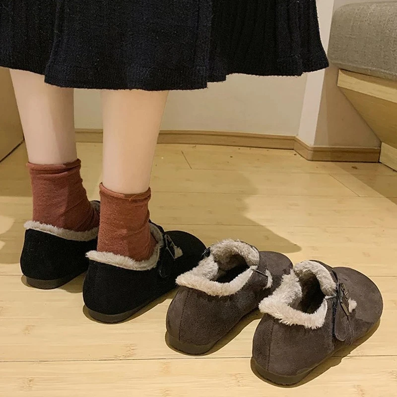 2021 Winter Hot New Short Boots Buckle Strap Women Shoes Fur Plush Slip-on Flat Solid Footwear Warm Female Snow Boots ботинок