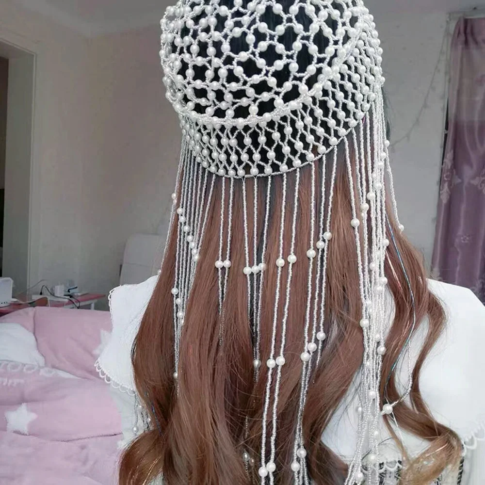 Handmade Bejeweled Hollow Pearl Tassel Forehead Headpiece Bridal Head Chain for Women Pearls Head Cap Hat Headband Accessories