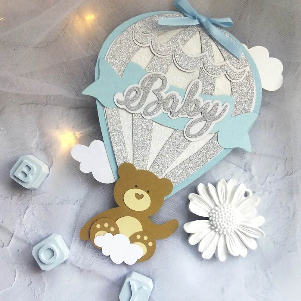 5-delige teddybeer uitnodiging, heteluchtballon, handgemaakte babyshower