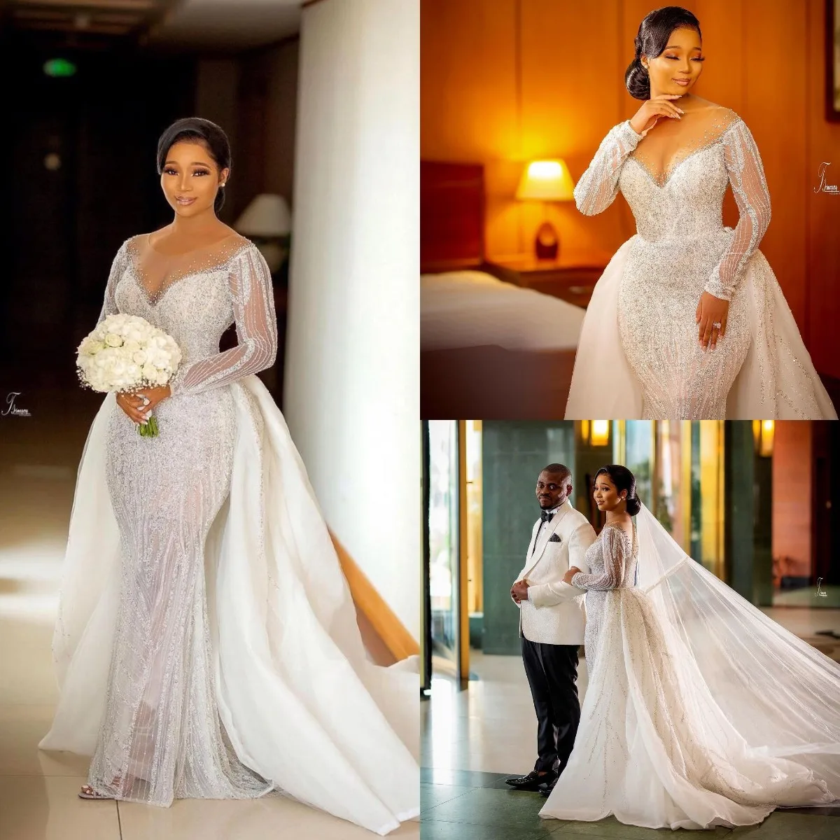 Plus Size Mermaid 2024 Wedding Dresses With Detachable Train Beaded Long Sleeve Bridal Gowns African Vestidos robes de soirée