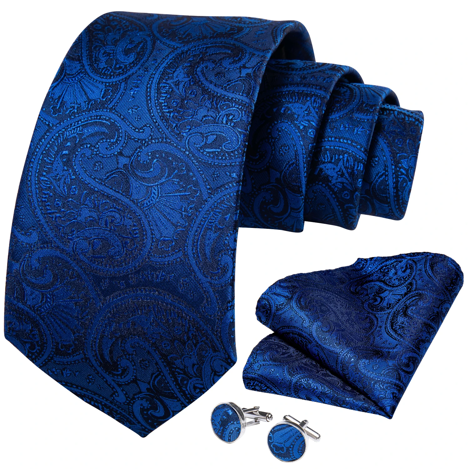 Handgefertigte Paisley-Blumen-Krawatte in Königsblau für Herren, klassische 8 cm breite gewebte Jacquard-Krawatte mit Einstecktuch, Manschettenknöpfen und Brosche – Detail 17