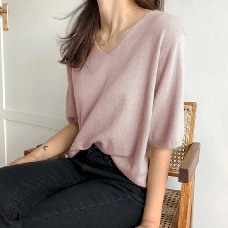 2021 Blusas De Mujer Loose Women Silk Knitted Fabric Sweater Short Sleeve Top Women Solid V-Neck Black Shirts Dropshipping 1210