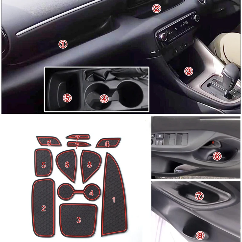 Car Rubber Anti-slip Mat Door Groove Cup Pad Phone Cushion Gate Slot Coaster for Toyota Yaris 2020 2021 Car Interior Accessories