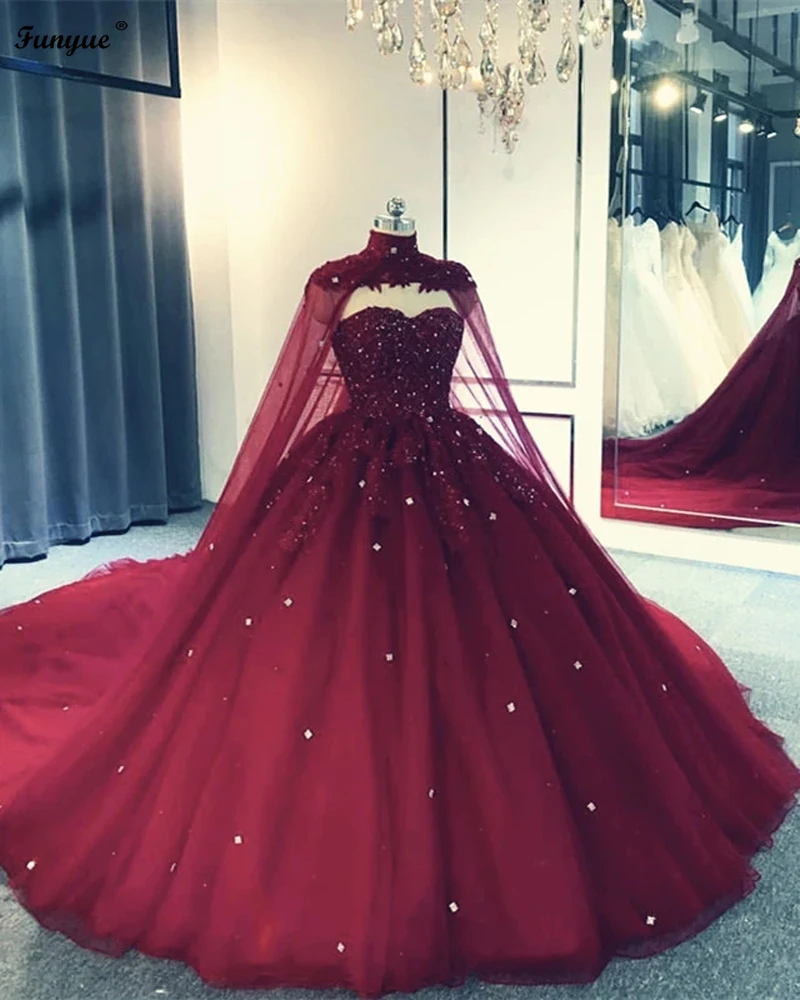 Sweetheart Tulle Ball Gown Wedding Dress With Cape Appliques Lace Crystal Bridal Gown 2021 Robe De Mariage African Bride Dresses