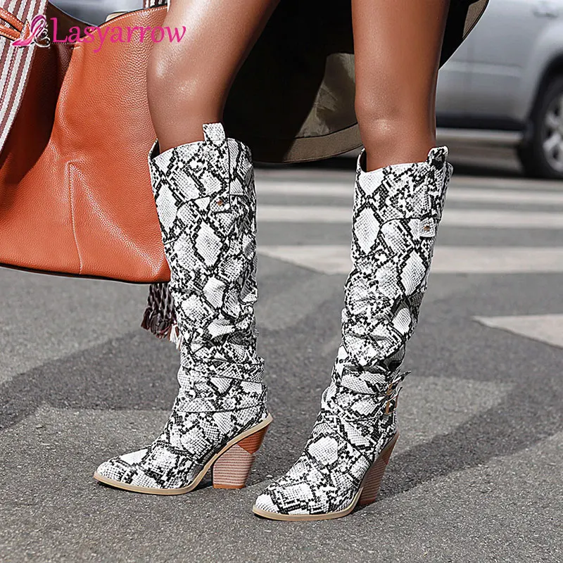 Lasyarrow Snake Printed Leather Buckle with Heel long Knigh Boots Knee-High fashion High Heel Cowboy Boots winter boots women