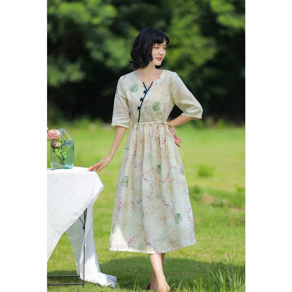 Summer Autumn New Original Women's Clothes Art Linen Print Long Dress Summer Women's Clothing Special Occasion Dresses