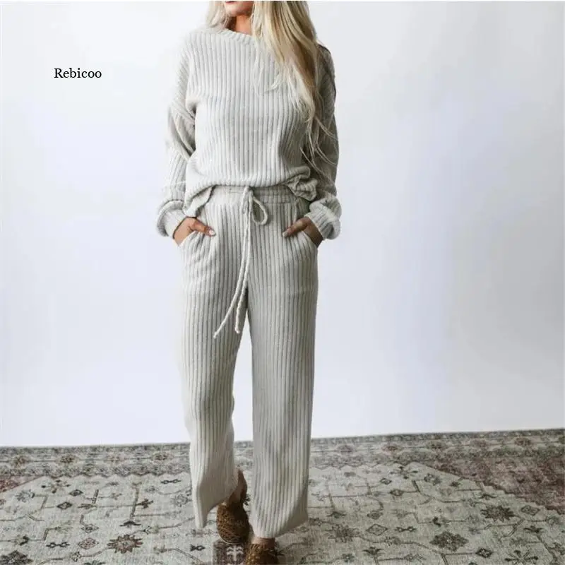 

Women 2Pcs Casual Set Fashion Women Clothing Long Sleeve Crewneck Top and Drawstring Pants Set Loungewear Lady Costume