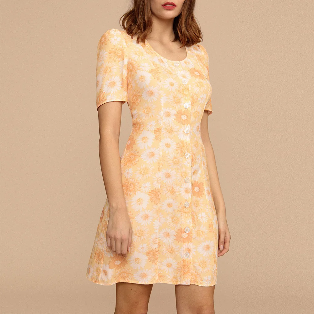 

Summer Beach Dress For Women Elegant Tie Waist Vintage Sunflower Floral Print Dress Round Neck Short Sleeve Button Up Mini Dress