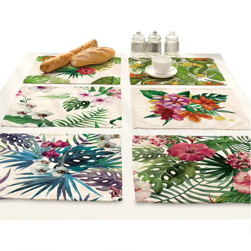 

Tropic Green Plant Dining Table Mat Set Coaster Banana Leaf Flower Leaves Design Cloth Placemats Pot Cup Flowers Home Decoration