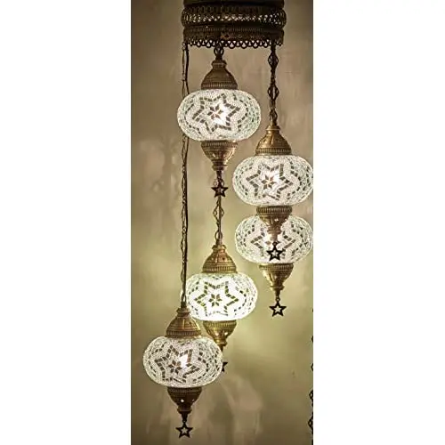 (Choose from 12 Designs) english Moroccan Mosaic Glass Chandelier Lights Hanging Ceiling Lamps (5 Globes 7 