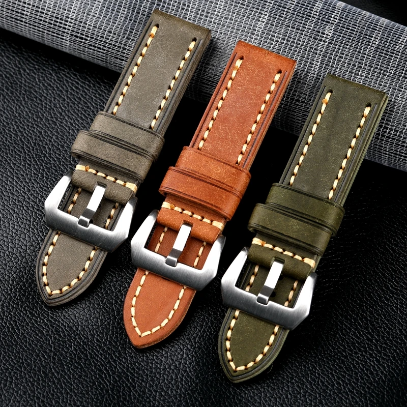 Hand-Folded Leather Watchband 20 22 24 26MM Italian Top Layer Cowhide, Matte Bracelet Suitable For PAM