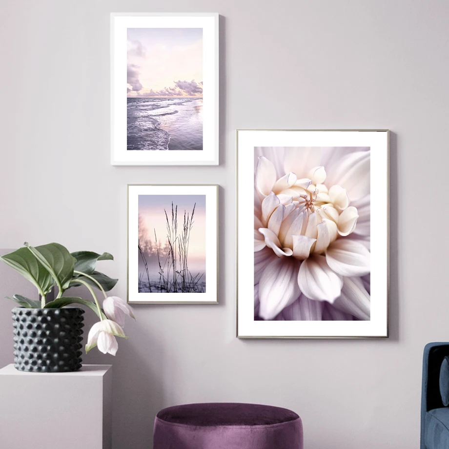 Mountains Calm Lake Purple Dahlia Flower Waves Grass Wall Art Print Canvas Painting Nordic Poster Decor Pictures For Living Room