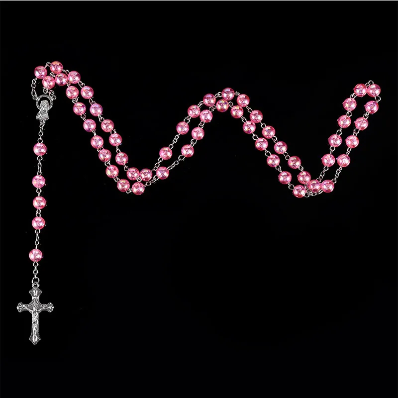 Virgin Mary Catholic Jesus Christ Religious Jewelry Female Glass Pearl Long Chain Rosary Necklace