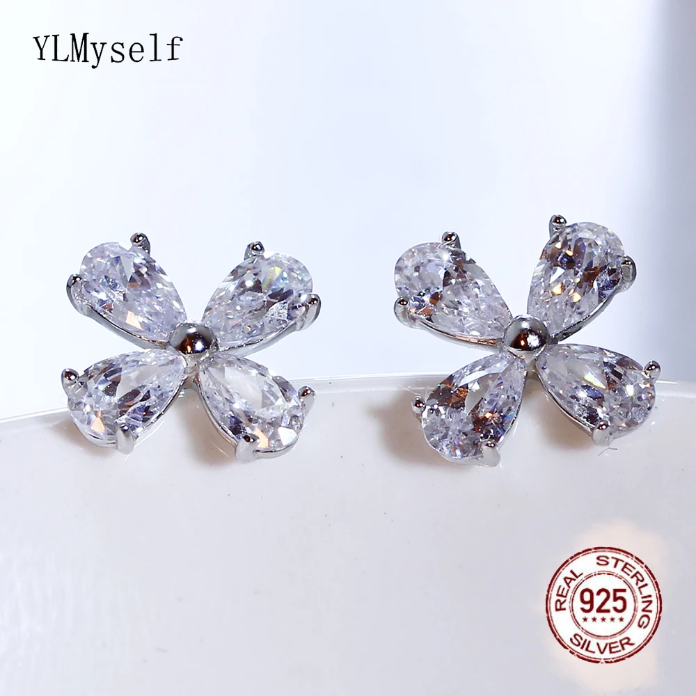 

100% Real 925 Silver Stud Earrings Pave Full Shiny Cubic Zircon Cute Fine Jewellery Jewelry For Women