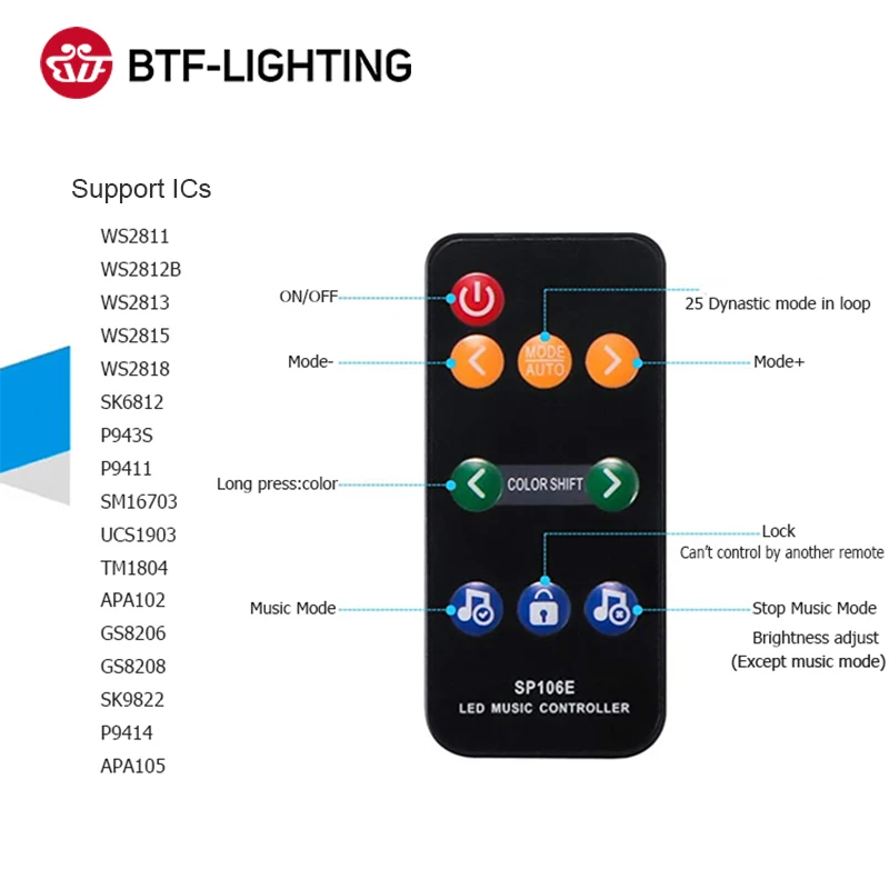 SP106E RGB LED Controller 9 Keys RF Wireless Pixel IC SPI Musik Bunte WS2811 WS2812B SK9822 SK6812 APA102 Streifen Licht DC5-12V