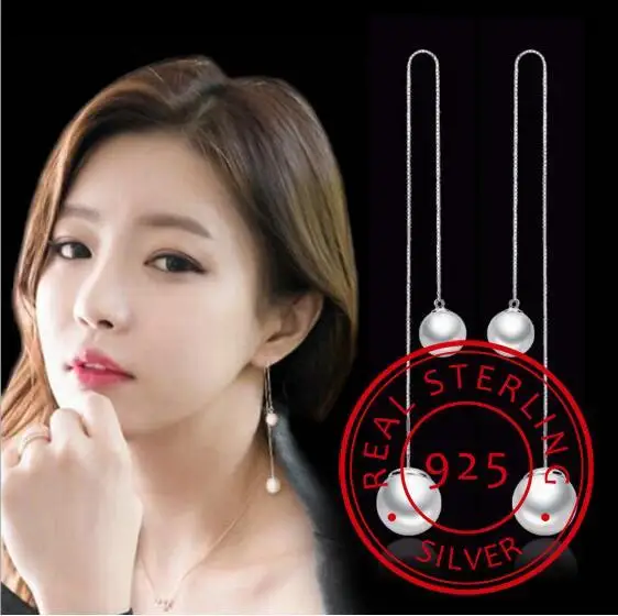 Mode 925 stempel silber farbe Doppel Perle Kette Ohrring Ohr Linie Lange Ohrringe 12cm Für Frauen boucle d'oreille S-E87