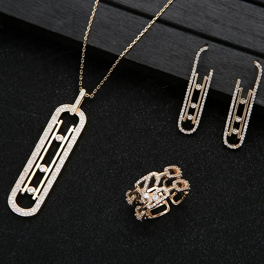 Luxury Geometry Link Stackable Pendant Necklace Earring ring set Beautiful Full Cubic Zircon Charm Women  Jewelry Gift e9361