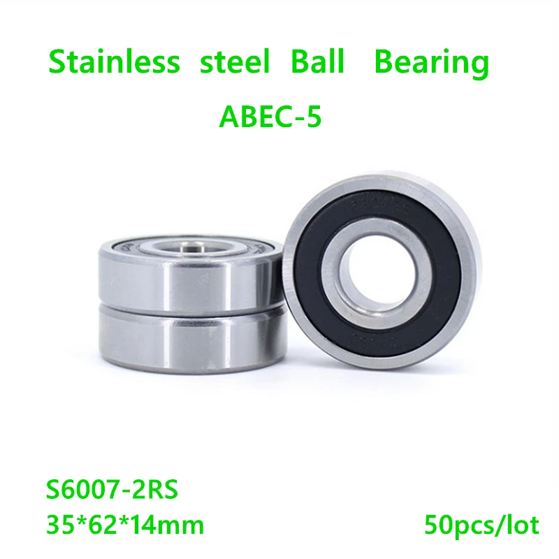 50pcs/lot S6007-2RS S6007RS ABEC-5 Stainless steel 35×62×14mm Deep Groove Ball bearing Double Rubber cover 35*62*14mm