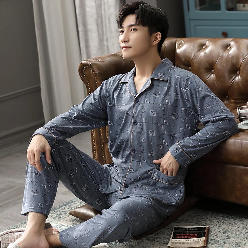 Inverno pijamas de algodão homem pijamas azul escuro xadrez pijama homme coreano quente pijamas hombre invierno algodão homewear plus tamanho