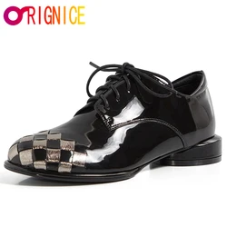 Orignice New Arrival Weave Round Toe Women Patent Leather Pumps Mixed Color Lace Up Casual Street Shoes Plus Size 34-43 Handmade