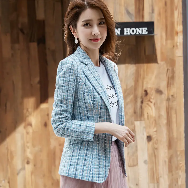 Dengan Cepat Wanita Elegan Plaid Blazer Satu Kancing Lengan Panjang Slim Memeriksa Mantel Formal Kerja Kantor Jaket Pakaian Berwarna Merah Muda Biru