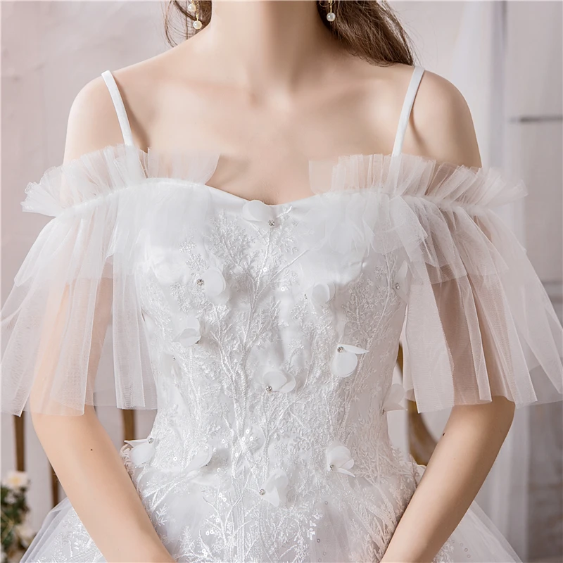 Chaep simple Ball Gown Spaghetti Straps Off White Tulle Wedding Dress 2020 with Flower Bridal Dress Marriage Customer Plus Size