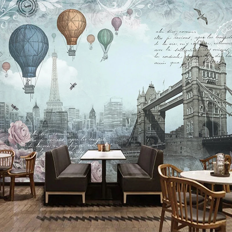 

Custom Photo 3D Wall Wallpaper Retro Hot Air Balloon City Building Mural Restaurant Cafe Background Home Décor Papel De Parede