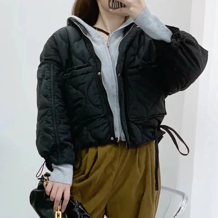 XNWMNZ 2021 Autumn Winter Women Fashion Vintage Plaid Parka Jacket Casual Pockets Cotton Coat Loose Short Outwear Tops Female