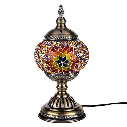 LaModaHome Turkish Mosaic Lamp Decorative Handmade Unique Glass Bedside Table Lamp Led Bulb Included (Red)