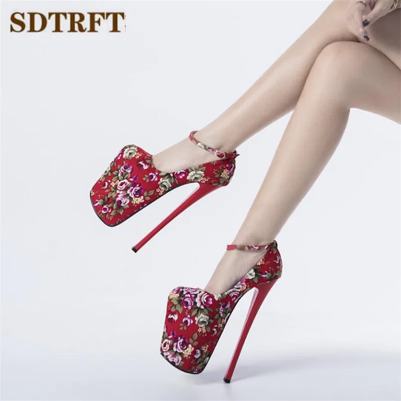 SDTRFT Crossdresser Platforms Stilettos 22cm Thin Heels Sexy Round Toe Ladies Party Buckle SM Pumps Shallow Mouth Women\'s Shoes