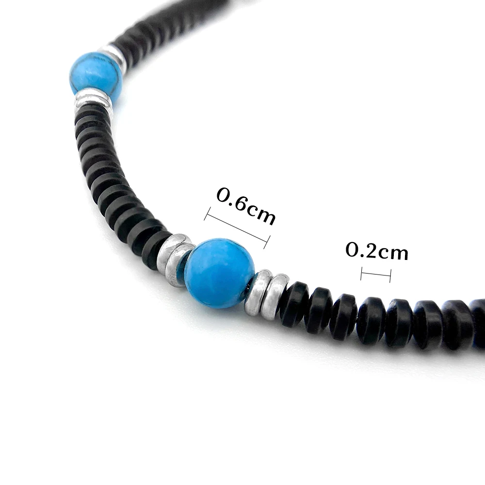 Runda Men's Stainless Steel Bracelet Black Beads with Blue Natural Stone Adjustable Size 22cm Handmade Bead Bracelet for Men