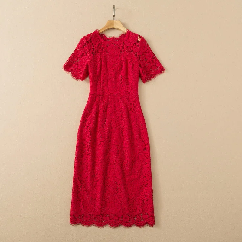 

European and American women's wear spring 2022 new Lace with short sleeves and round collar Fashionable red slim Dress XXL