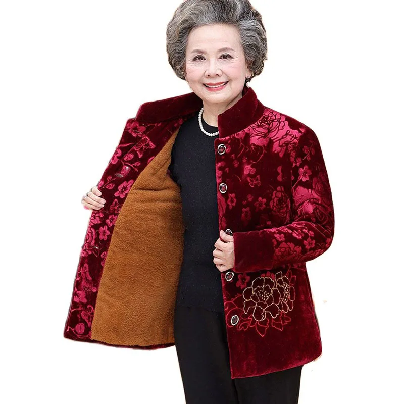 

Elderly Grandmother Women Cotton Coat 2024 New Winter Jacket Vintage Single-Breasted Add Velvet Warm Print Overcoat Parkers